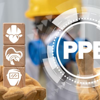 PPE Personal Protective Equipment Required Industry concept. Safety health and work accessories.